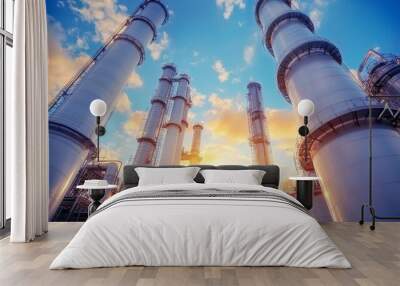 Industrial Chimneys at Sunset, Chemical Plant, Refinery Industry, Pollution, Smokestacks, Wall mural