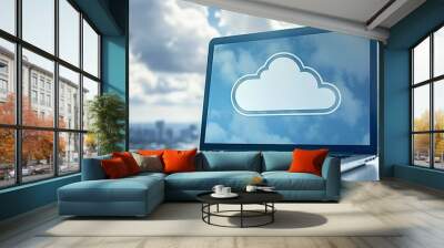 Laptop Displaying Cloud Icon Against Blurry Cityscape And Sky, Cloud Computing Concept Background Wall mural