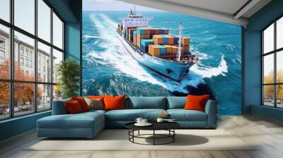 Large Container Ship Sailing Across Blue Ocean, Global Logistics, Transportation, Maritime Shipping Wall mural