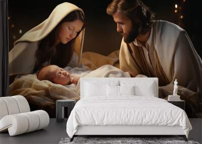 Live christmas nativity scene with mary, joseph, and baby jesus in old barn, birth of christ child Wall mural