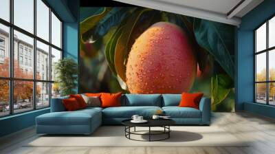 Macro shot of ripe mango with dew drops on tree, perfect wide banner with copy space Wall mural