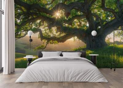 Majestic green oak tree bathed in sunlight on a meadow under clear blue sky, nature s beauty Wall mural