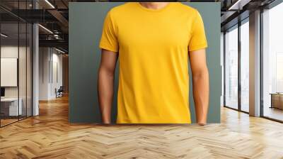 Man in yellow t shirt mockup template for design print studio shot on light gray wall Wall mural