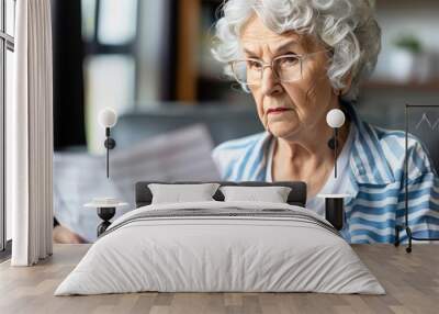 Mature woman contemplates, managing finances, paying bills online from the comfort of home Wall mural