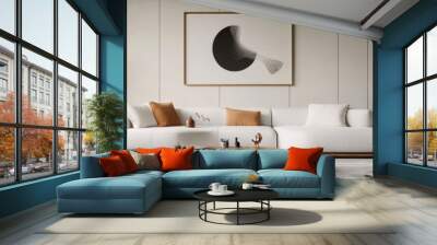 Minimalist living room interior with a white sofa, round table, floor lamp, and stylish decor. Wall mural