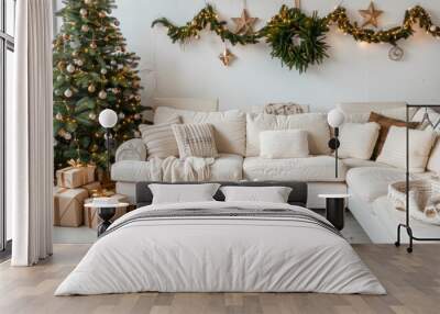 Minimalistic christmas home interior with festive tree, gift boxes, white living room, copy space Wall mural