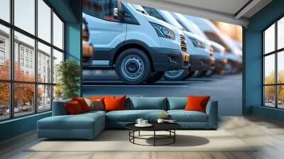 Neatly parked white delivery vans for a transporting service company with text space Wall mural