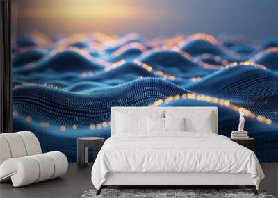 Neon wave lines and bokeh lights on abstract futuristic background, data transfer concept wallpaper. Wall mural