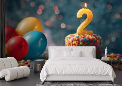 Number two candle on cake with balloons and party decor for celebration on blurred background Wall mural