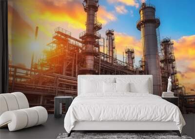 Oil Refinery Plant at Sunset, Petrochemical Industrial Plant, Heavy Industry, Power and Energy Wall mural