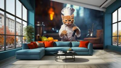 Passionate and talented cat chef cooking delicious and nutritious meals for animals in the kitchen Wall mural