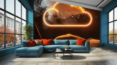 Person Typing on Laptop with Glowing Cloud Icon Above, Symbolizing Cloud Computing and Data Storage Wall mural