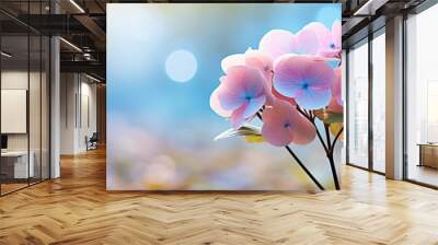 Pink hydrangea blossom on isolated magical bokeh background with copy space for text placement Wall mural