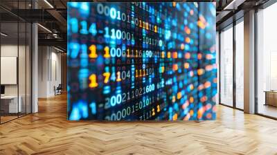 Pixelated digital data stream with binary code encryption concept and glowing red and blue dots. Wall mural