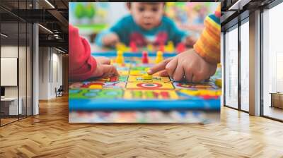 Playful children enjoying a board game together in a candid moment, showcasing joy and togetherness. Wall mural