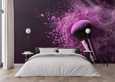 Purple powder makeup explosion with brush on dark background, cosmetic splash explosion close-up Wall mural