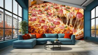 Rustic pizza on black background with tomato and cheese, italian fast food concept with copy space Wall mural