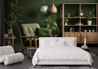 Scandinavian greenery  modern living room with green sofa, chair, and bookshelf against green wall. Wall mural