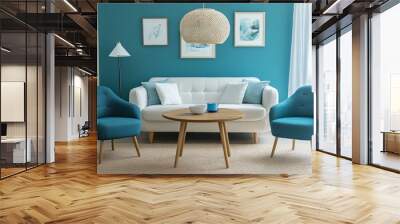 Scandinavian Interior, Cozy Living Room With White Sofa, Turquoise Wall, And Wooden Furniture Wall mural