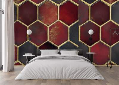 Seamless Pattern Of Hexagonal 3D Grids In Burgundy, Crimson Red, And Antique Gold Tones Wall mural