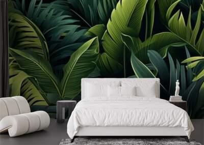 Seamless pattern with green tropical leaves of monstera, banana tree, and palm on a dark background Wall mural