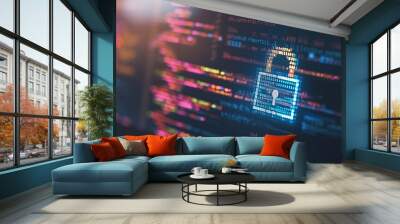 Secure software development code on screen with padlock symbol, blurred background, copy space Wall mural