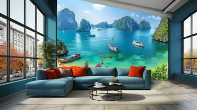 Serenity of ha long bay  unesco site with limestone islands, emerald waters, and boats in vietnam Wall mural