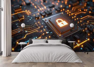 Shining lock icon on cpu with interactive holographic security elements for data protection Wall mural