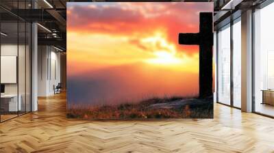 Silhouette of christian cross on hill at sunset, resurrection, religion and spirituality concept Wall mural