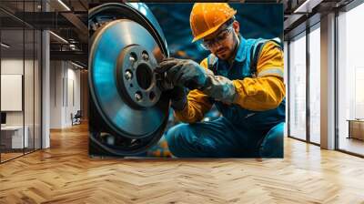 Skilled Mechanic Concentrates on Precision Brake Repair in a Busy Automotive Workshop Wall mural