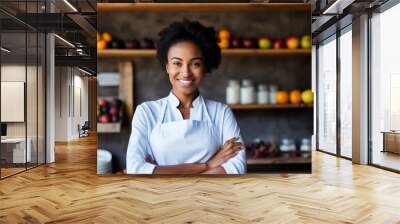 Smiling african woman shop worker in supermarket, food store assistant and fruit retailer Wall mural