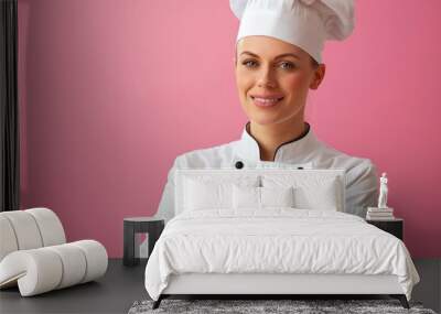 Smiling female chef portrait on pastel background with ample space for text placement Wall mural