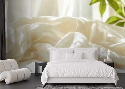 Soft Sunlight Casting Shadows on Luxurious White Fabric, Flowing Drapes in Abstract folds Wall mural