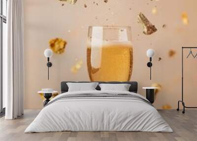 Sparkling Occasion Refreshing Champagne Flute with Golden Confetti on a White Surface Wall mural