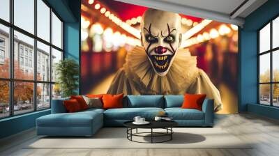 Spooky evil clown face on blurred vintage circus background with copy space for text placement Wall mural