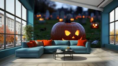 Spooky Halloween Night, Jack O Lantern With Glowing Eyes in Graveyard. Autumn Holidays Decoration. Wall mural