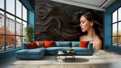 Stylish brunette woman with flowing long hair on dark background   hair care and beauty concept Wall mural