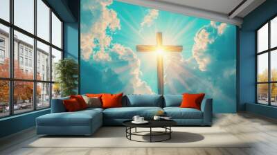 Symbolic cross representing jesus  resurrection with sky over golgotha hill in light and clouds Wall mural