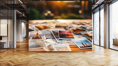 Travel destinations and landmarks set against a table background   perfect for the travel industry Wall mural