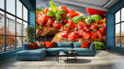 Two Slices of Toasted Bread with Diced Tomato, Garlic and Basil Served on a Cutting Board Wall mural