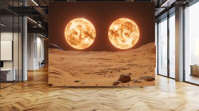 Two Suns In Alien Orange Sky, Planet Surface With Mountains, Science Fiction Background, 3D Render Wall mural