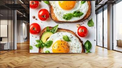 Two Toasts with Fried Eggs, Tomatoes, Avocados, and Basil on White Background. Healthy Breakfast Wall mural