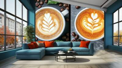 Two White Cups of Latte Art Coffee with Coffee Beans and Bay Leaves on Dark Background Wall mural