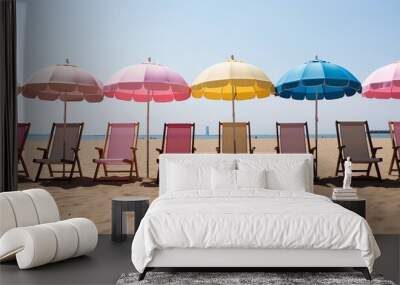 Vibrant beach boardwalk with colorful huts and sun umbrellas, perfect for summer apparel promotion Wall mural