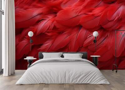 Vibrant red feathers texture background  detailed digital art of beautiful large bird feathers Wall mural