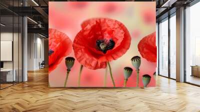 Vivid poppy field abstract background on a sunny summer day with lush plantation scenery Wall mural