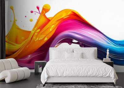 Vivid rainbow acrylic paint flow on white banner, colorful liquid drips in panoramic digital art Wall mural