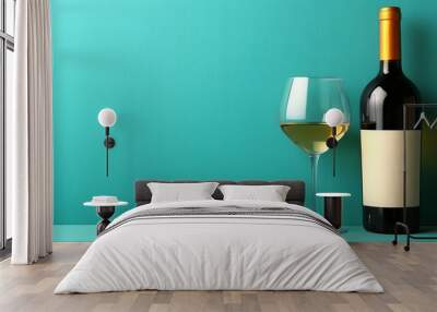 White wine bottle and glass on pastel background with empty space for customizable text placement Wall mural