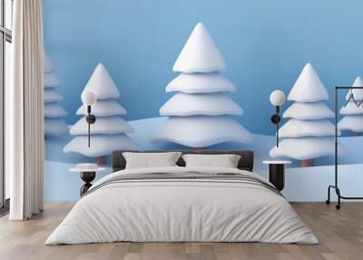 Winter Wonderland, Minimalist Snow-Covered Pine Trees in Pastel Blue Landscape. 3D Illustration. Wall mural