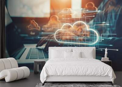 Working on Laptop with Cloud Computing Diagram, Network Connection, Data Storage. Digital Concept Wall mural